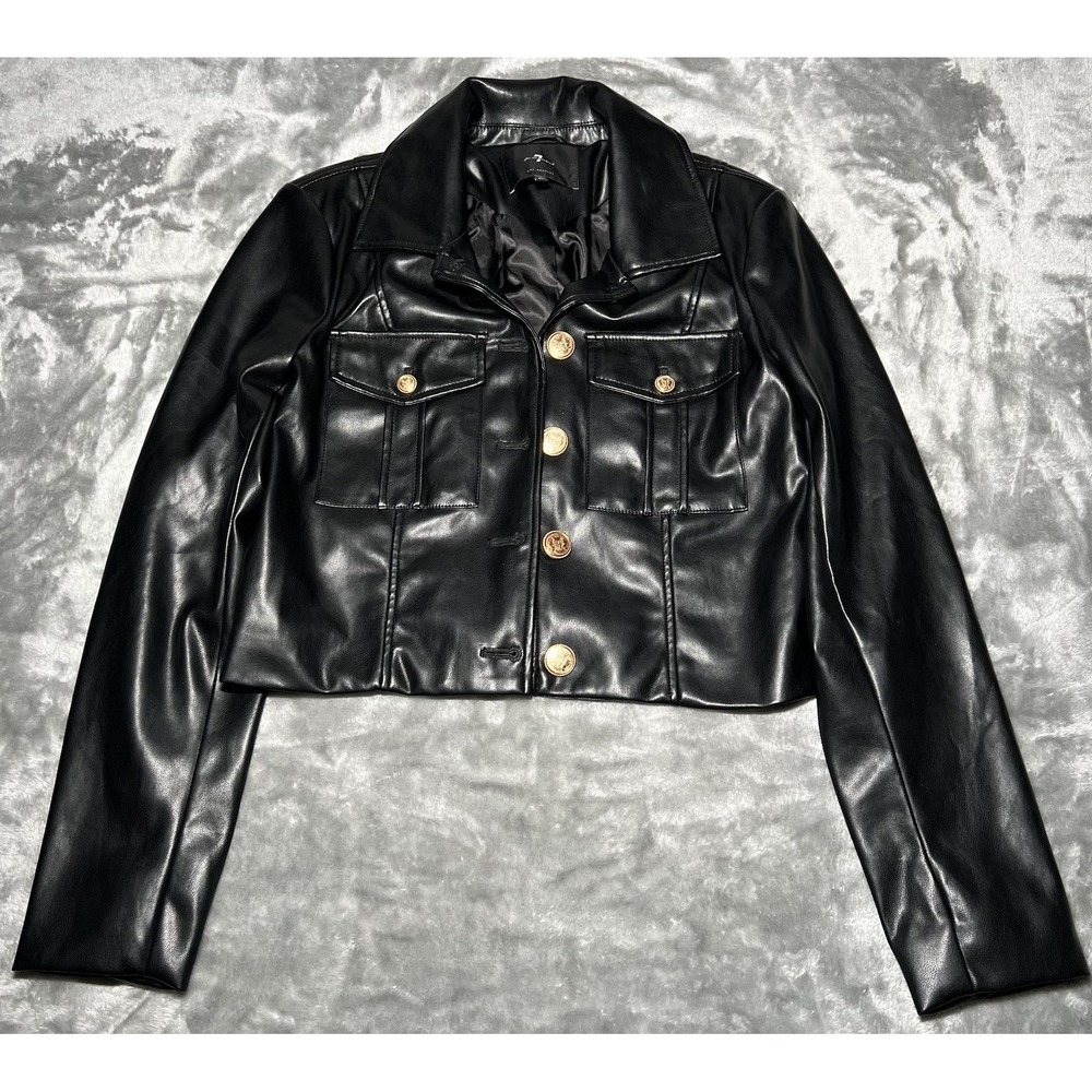 7 For All Mankind Jacket Women Size Medium Faux Leather Black Full Zip Buttons